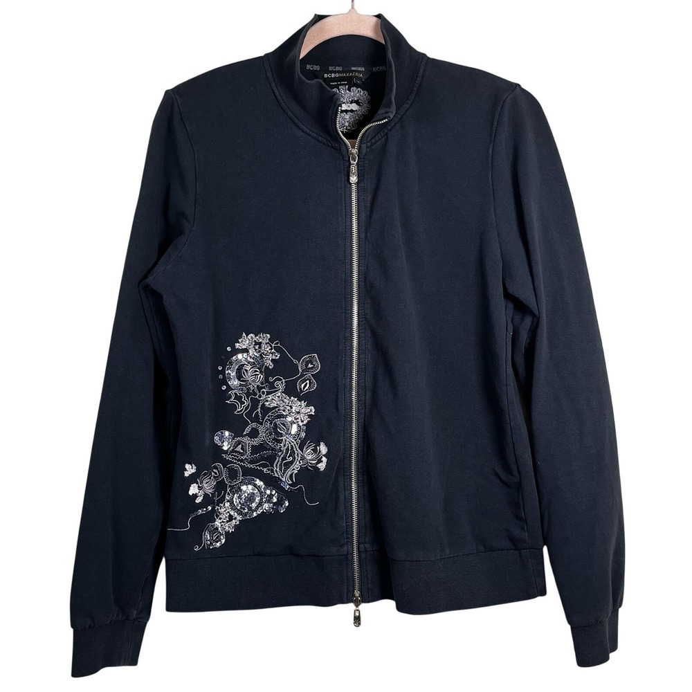 BCBG MaxAzria‎ Black Sequin Floral Embroidered Zip Up Track Jacket L Y2K Retro